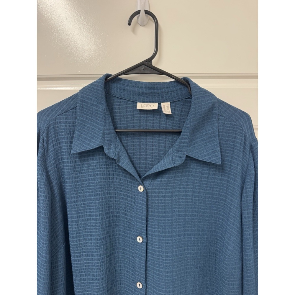LOGO Lori Goldstein Womens 1X Button Front Blouse Pockets Uneven Hem Teal Blue